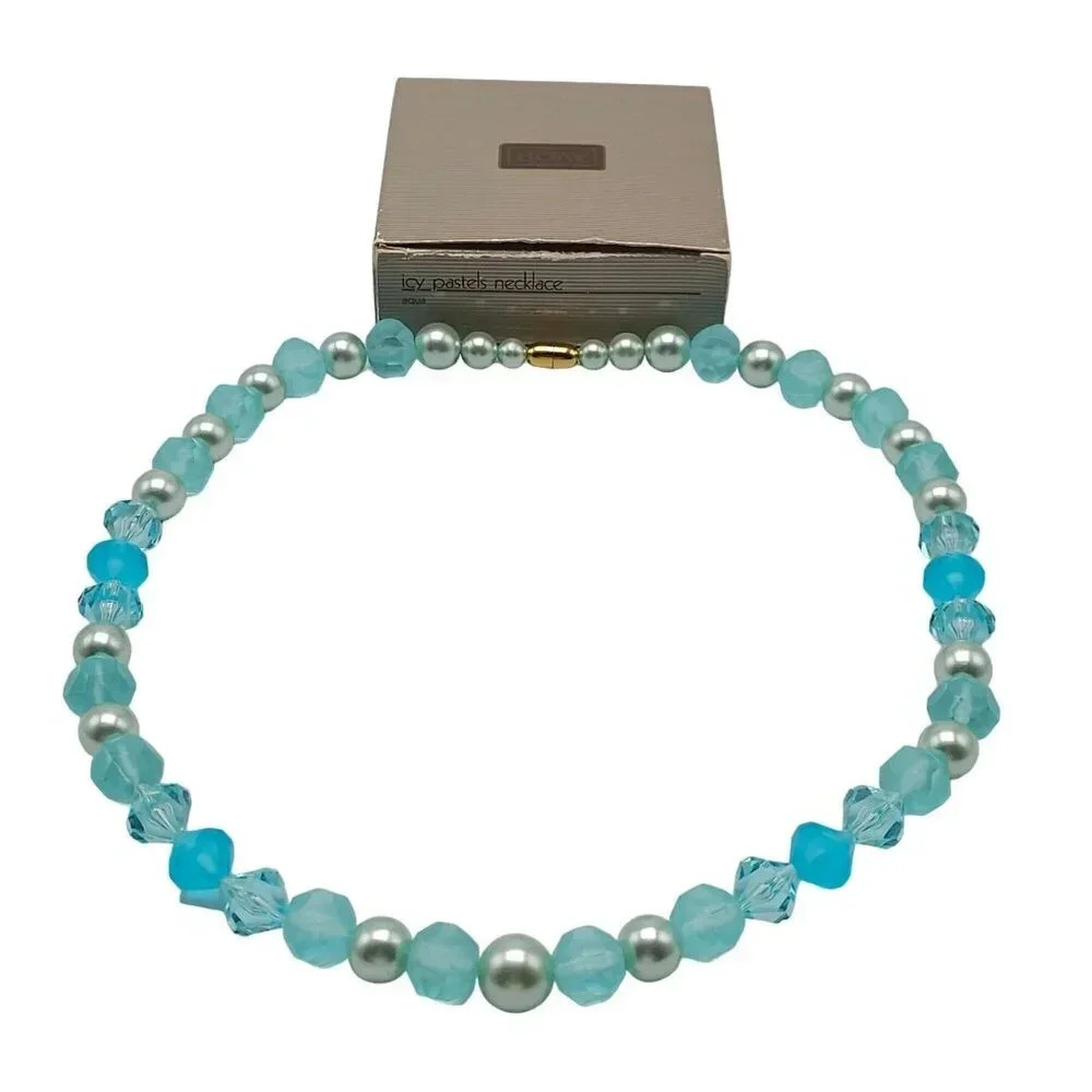 Avon 1987 Icy Pastels Necklace Aqua Blue Acrylic Bead 24.75 in